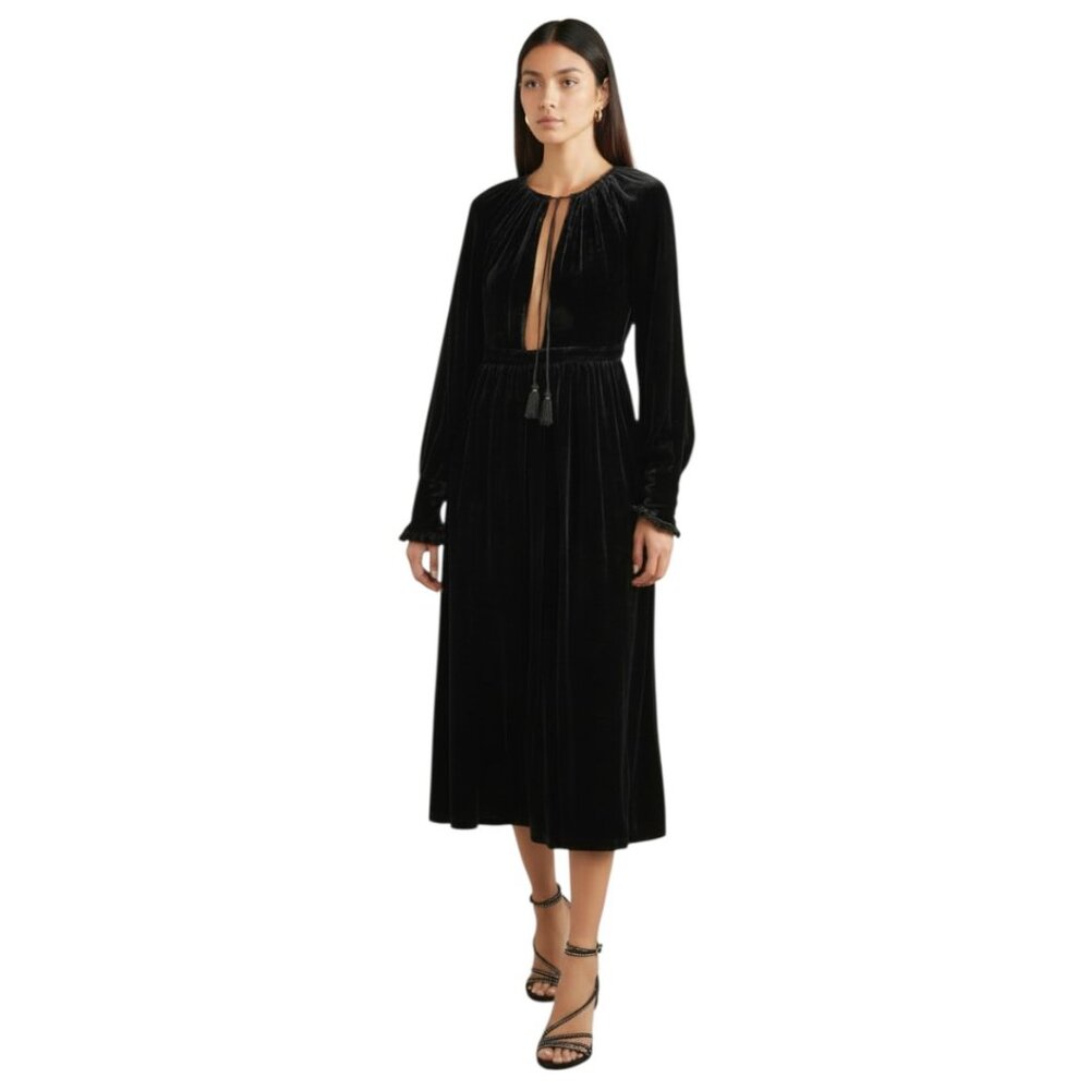Ulla Johnson Talitha Silk Velvet Midi Dress - Black - 8 US